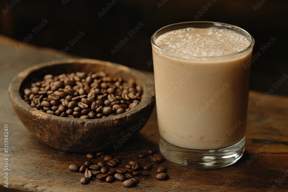 A creamy glass of coffee placed beside roasted coffee beans in a rustic setting, ideal for coffee lovers. A creamy glass of coffee placed beside roasted coffee beans in a rustic setting, ideal for coffee lovers.