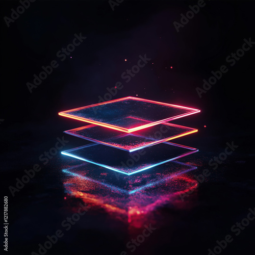 Neon Geometric Shapes: Stacked Glow, Minimalist Design, Abstract Art, Vibrant Colors, Modern        