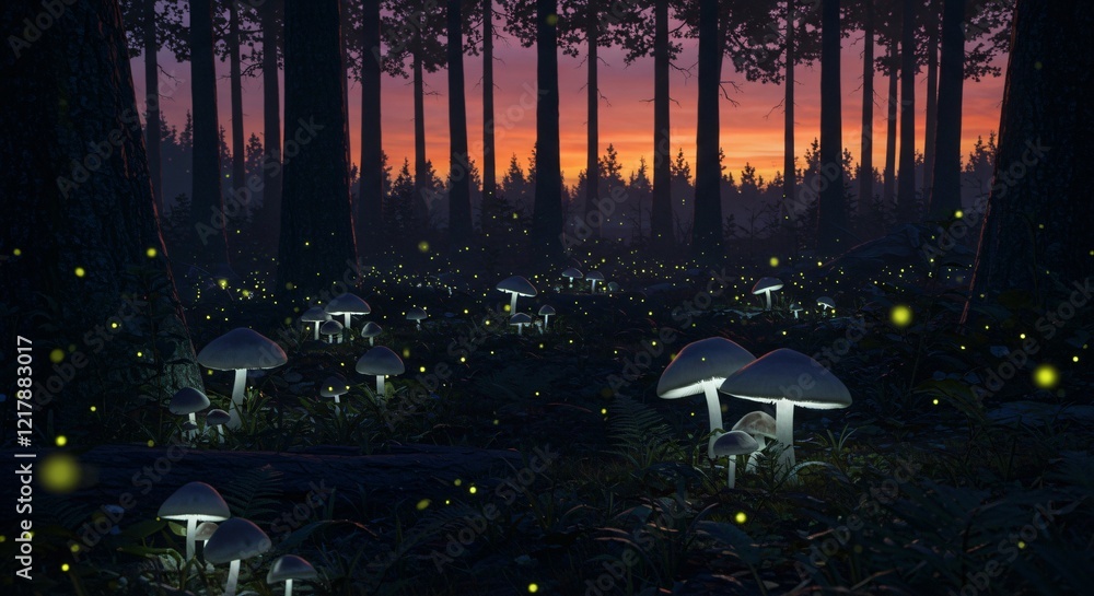 Obraz premium A twilight forest where fireflies dance among the glowing mushrooms