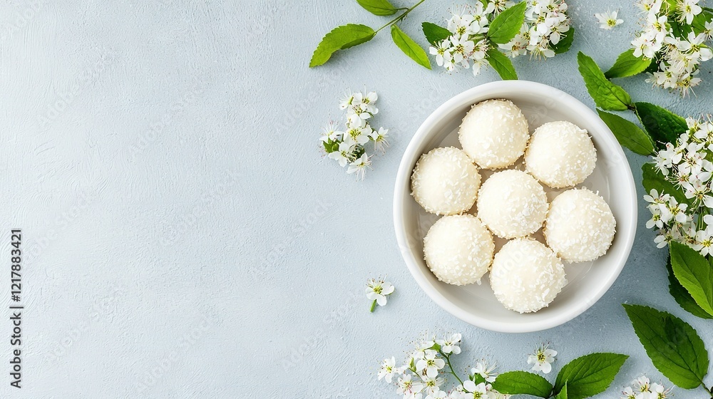 A bowl of white flowers and green leaves sits beside another bowl of the same A bowl of white flowers and green leaves sits beside another bowl of the same
