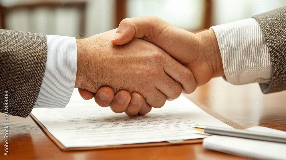 Business deal handshake, close-up of hands shaking, contract on table with pens Business deal handshake, close-up of hands shaking, contract on table with pens