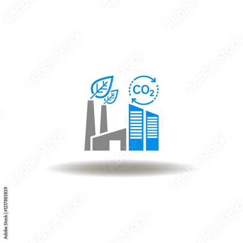 Vector illustration of factory production with leaves and CO2 reduction. Symbol of carbon capture. Icon of carbon dioxide reduce.
