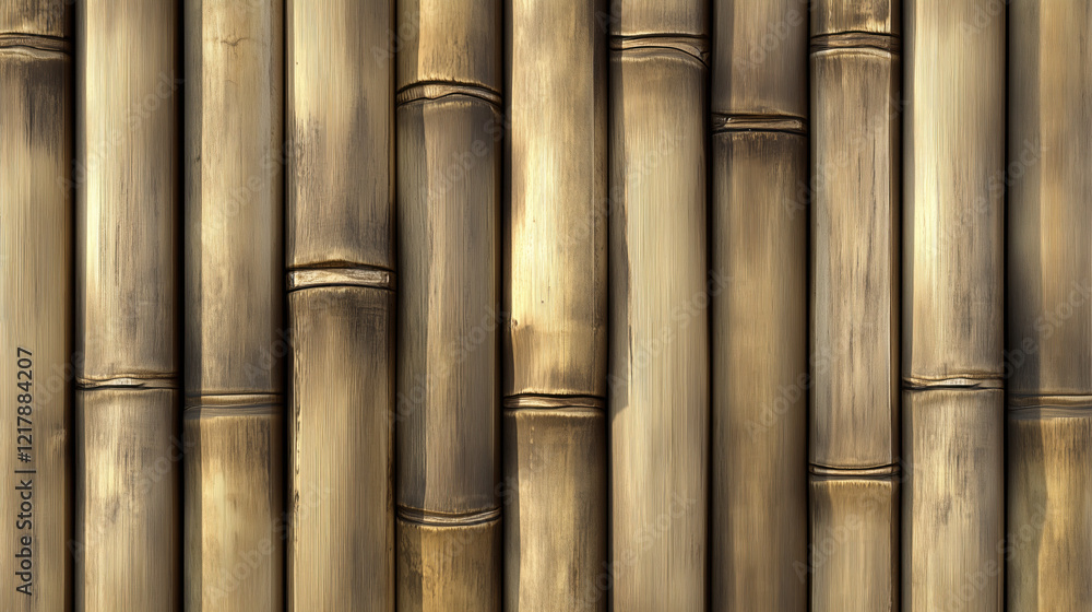 Fototapeta premium A seamless texture of bamboo planks, featuring light golden hues, smooth surfaces, and uniform, vertical grain patterns that create a clean and natural feel
