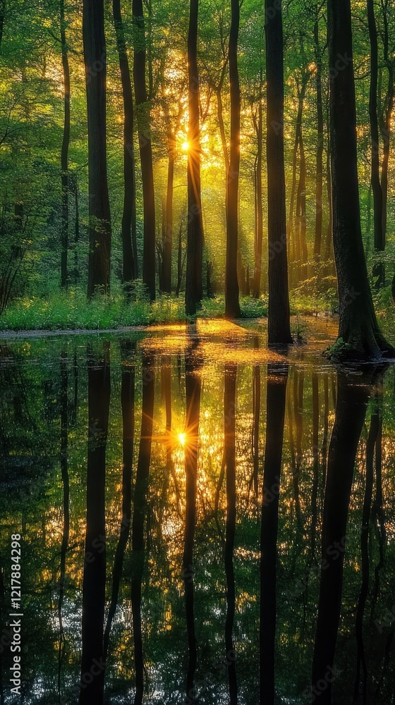 Obraz premium Breathtaking sunset reflection shimmering on the calm surface of a serene woodland lake surrounded by lush verdant trees and glowing natural light Peaceful