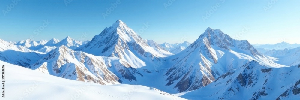 Fototapeta premium Frosty mountains with snow-covered peaks reaching for a blue sky, sky, snow