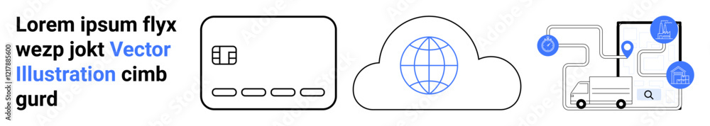 Chip card, cloud with a globe, truck with network connections. Ideal for cloud computing, digital security, logistics, networking, data integration technology solutions internet services. Landing Chip card, cloud with a globe, truck with network connections. Ideal for cloud computing, digital security, logistics, networking, data integration technology solutions internet services. Landing