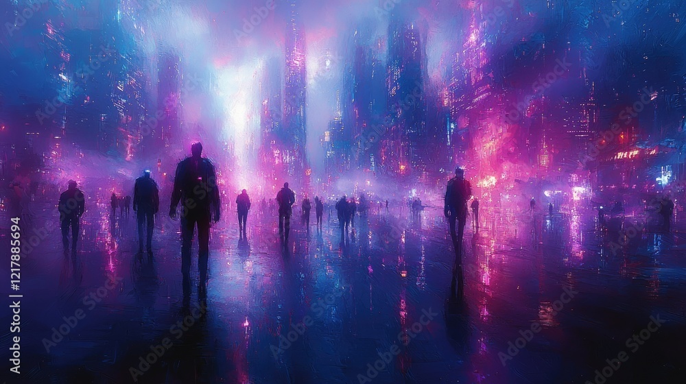 Silhouetted Figures Walking A Neon City Street At Night Silhouetted Figures Walking A Neon City Street At Night