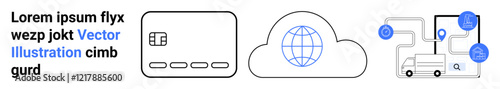 Chip card, cloud with a globe, truck with network connections. Ideal for cloud computing, digital security, logistics, networking, data integration technology solutions internet services. Landing