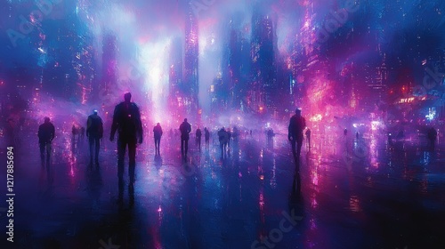 Wallpaper Mural Silhouetted Figures Walking A Neon City Street At Night Torontodigital.ca