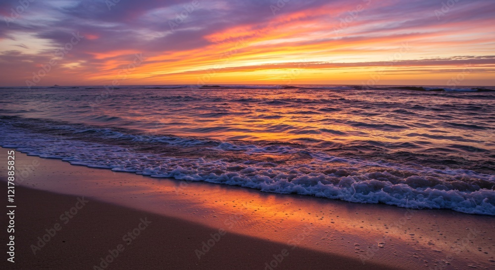 Obraz premium A tranquil beach at sunset with waves that sparkle as they crash