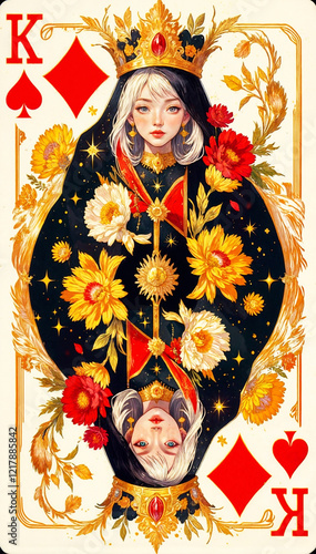 an artistic depiction of the King of Spades and the Queen of Diamonds from a playing card, featuring vibrant colors and intricate floral designs. The artwork is highly detailed, with a fo