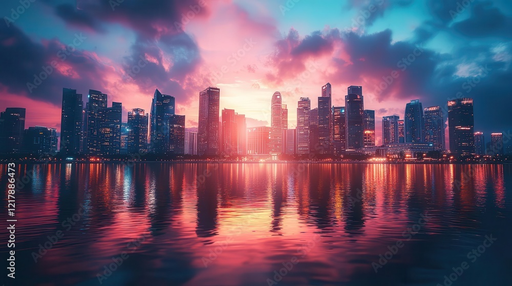 Fototapeta premium City skyline at sunset, close-up of glowing buildings and vibrant sky, soft reflections on water