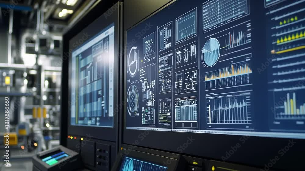 Complex industrial control room displaying real time data, charts, and diagrams on multiple computer screens, monitoring and managing operations in a sophisticated technological environment Complex industrial control room displaying real time data, charts, and diagrams on multiple computer screens, monitoring and managing operations in a sophisticated technological environment