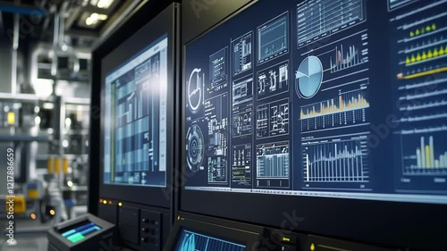 Wallpaper Mural Complex industrial control room displaying real time data, charts, and diagrams on multiple computer screens, monitoring and managing operations in a sophisticated technological environment Torontodigital.ca