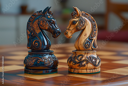 Abstract Chess Art with Wooden Game Pieces
