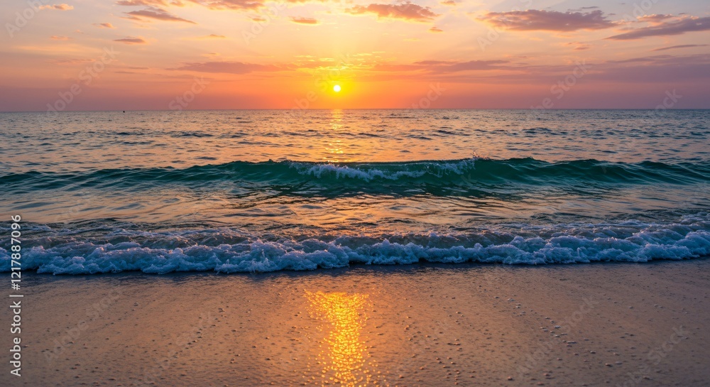 Obraz premium A tranquil beach at sunset with waves that sparkle as they crash