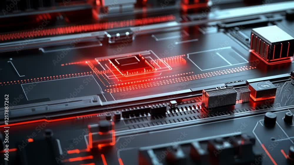Close up view of a cpu processing data, emitting a red glow, surrounded by intricate circuitry and components on a motherboard, symbolizing advanced computing and processing power Close up view of a cpu processing data, emitting a red glow, surrounded by intricate circuitry and components on a motherboard, symbolizing advanced computing and processing power
