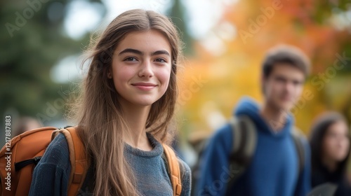 College campus life, close-up of students walking with books in hand, vibrant campus backdrop