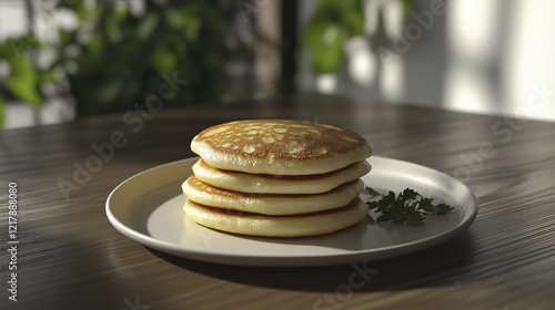 Wallpaper Mural Stack pancakes on white plate. Stack, pancakes, blurred, background glare, light, window, plant. Window with a glare of light from the plant. A stack of pancakes with a blurred window. Lifestyle. Torontodigital.ca