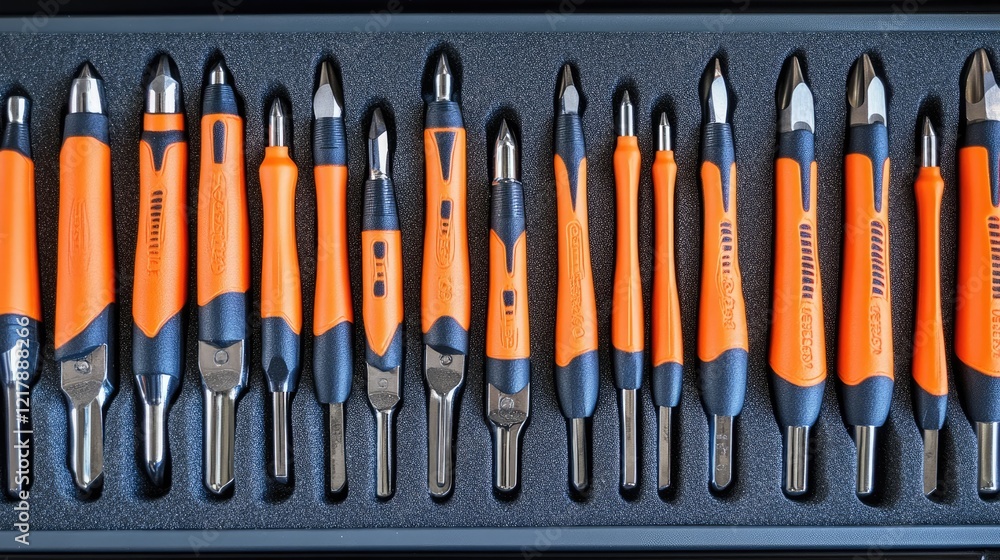A detailed image of a screwdriver set neatly aligned in a foam organizer. A detailed image of a screwdriver set neatly aligned in a foam organizer.
