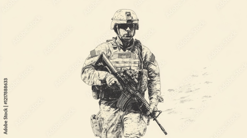 Soldier in military gear walking through a desert landscape, showcasing determination and focus Soldier in military gear walking through a desert landscape, showcasing determination and focus