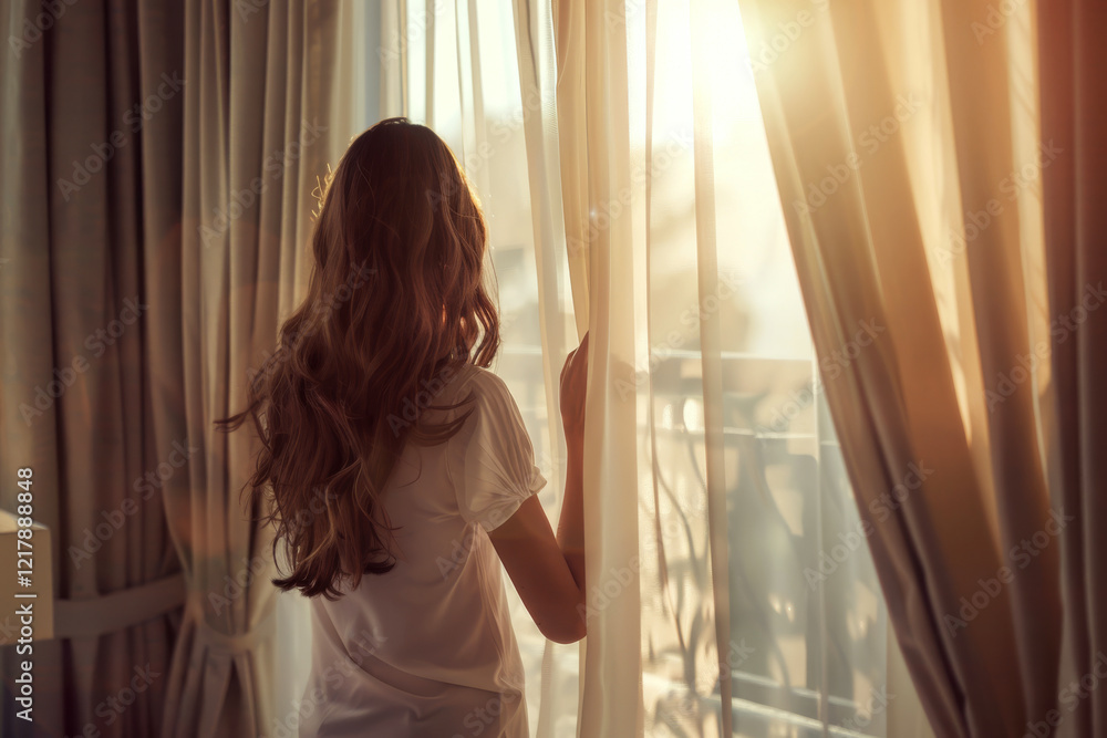 A woman stands by a window, gently parting curtains with sunlight streaming in. Concept of morning serenity and contemplation. A woman stands by a window, gently parting curtains with sunlight streaming in. Concept of morning serenity and contemplation.