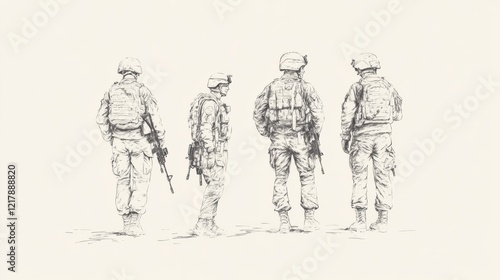 Soldiers in tactical gear standing in formation, showcasing teamwork and readiness in a neutral background photo