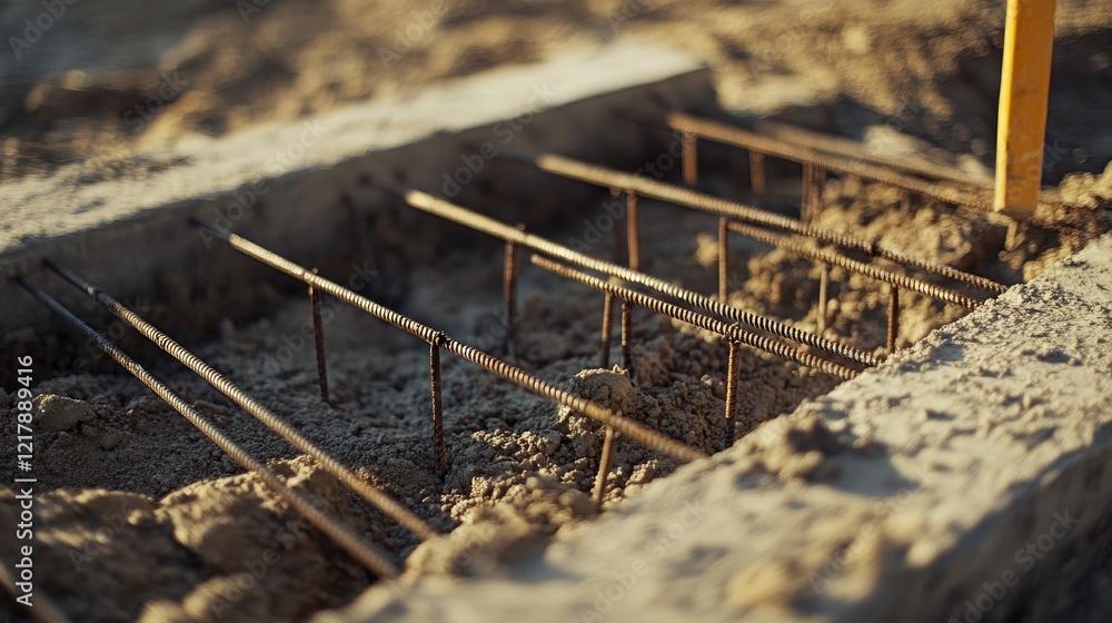 A foundation being prepared with steel rebar cages and concrete forms. A foundation being prepared with steel rebar cages and concrete forms.