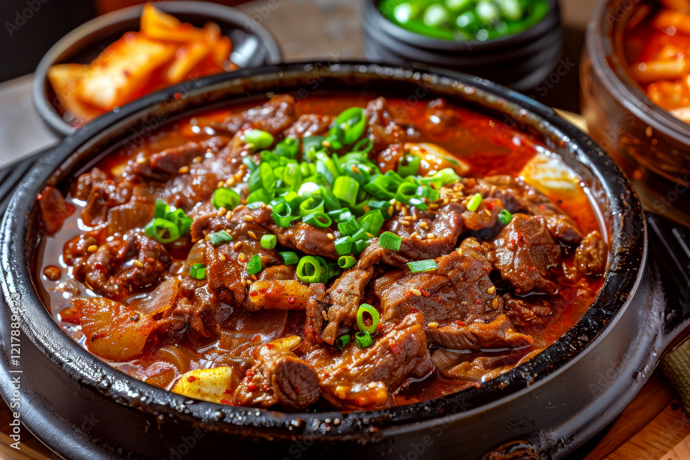 A steaming bowl of spicy beef stew garnished with green onions sits on a table. Concept of savory cuisine enjoyment. A steaming bowl of spicy beef stew garnished with green onions sits on a table. Concept of savory cuisine enjoyment.