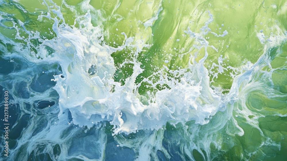 Naklejka premium Dynamic ocean wave captured from above with vibrant green and blue hues creating a powerful scene