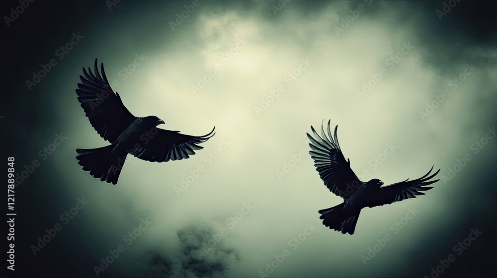 Fototapeta premium Birds Soaring Under a Dark Stormy Sky Generative AI
