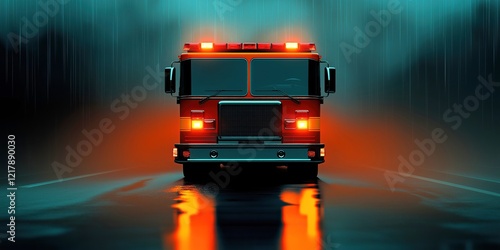 Bright fire truck with flashing lights responding during a heavy rainstorm at night on a secluded road photo