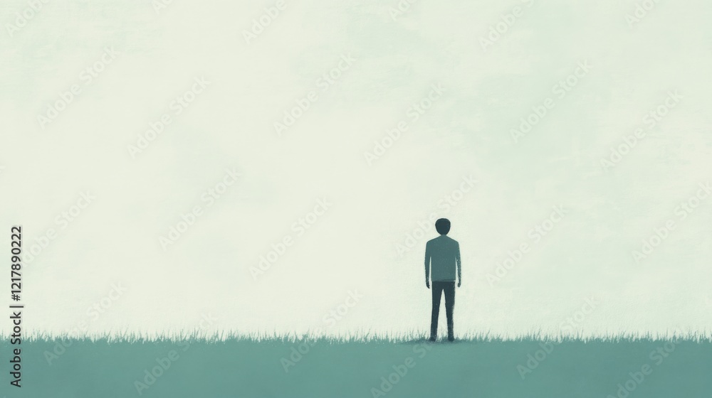 A solitary figure stands in a vast, open landscape under a calm sky, evoking introspection A solitary figure stands in a vast, open landscape under a calm sky, evoking introspection