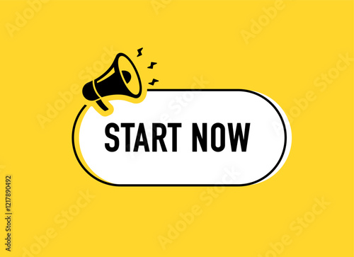 Megaphone with start now speech bubble. Loudspeaker. Banner for business, marketing and advertising. Vector illustration.