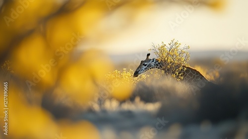   A giraffe stands tall in a field surrounded by a bush in the foreground and a yellow tree in the background