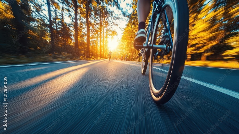 Cycling race on road, close-up of bike wheels spinning on the pavement, vibrant race setting