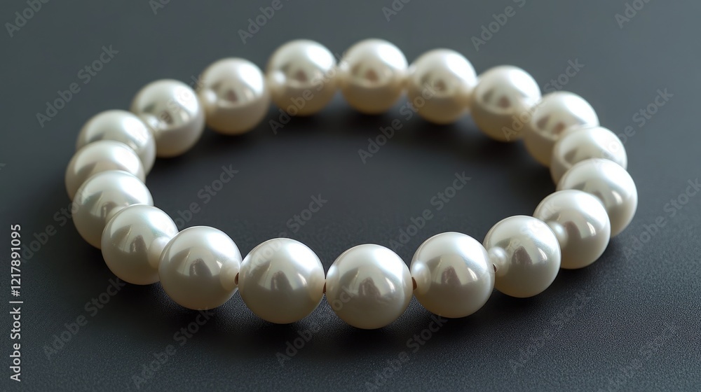A pearl bracelet arranged on a dark charcoal gray background, showing off its smooth finish. A pearl bracelet arranged on a dark charcoal gray background, showing off its smooth finish.