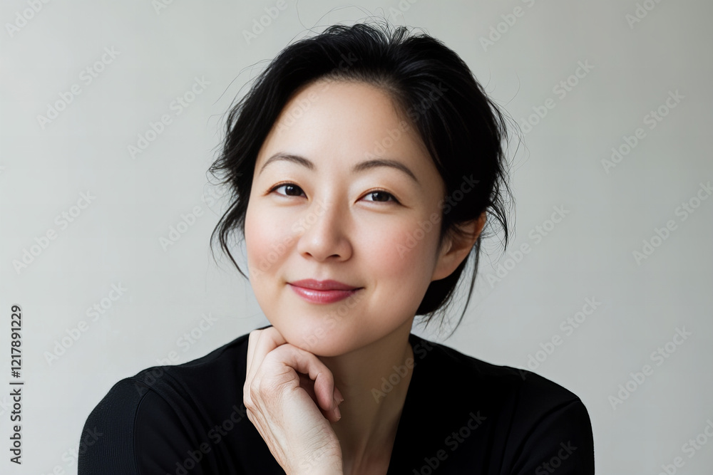 Elegant middle-aged woman with flawless skin, smiling confidently, showcasing natural beauty and radiant complexion for skincare, beauty products, and wellness campaigns Elegant middle-aged woman with flawless skin, smiling confidently, showcasing natural beauty and radiant complexion for skincare, beauty products, and wellness campaigns