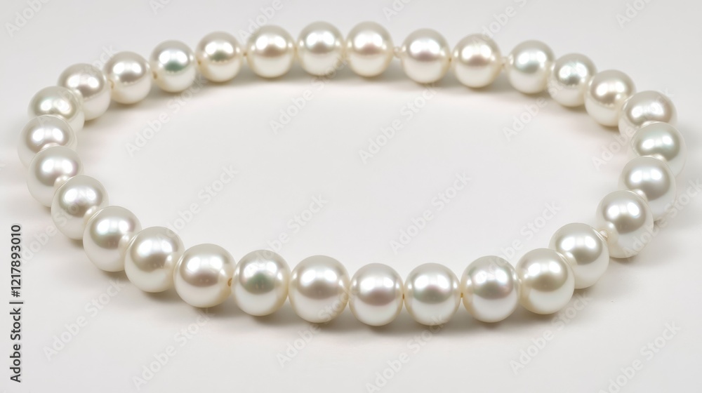 A string of perfectly round pearls arranged on a soft, creamy white background. A string of perfectly round pearls arranged on a soft, creamy white background.