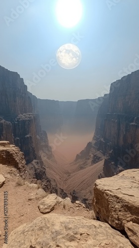 Stunning Desert Canyon with Sun and Moon Overhead: Capturing Arid Landscapes, Majestic Cliffs, and Dramatic Lighting in Pristine Geological Formations and Dusty Terrain photo