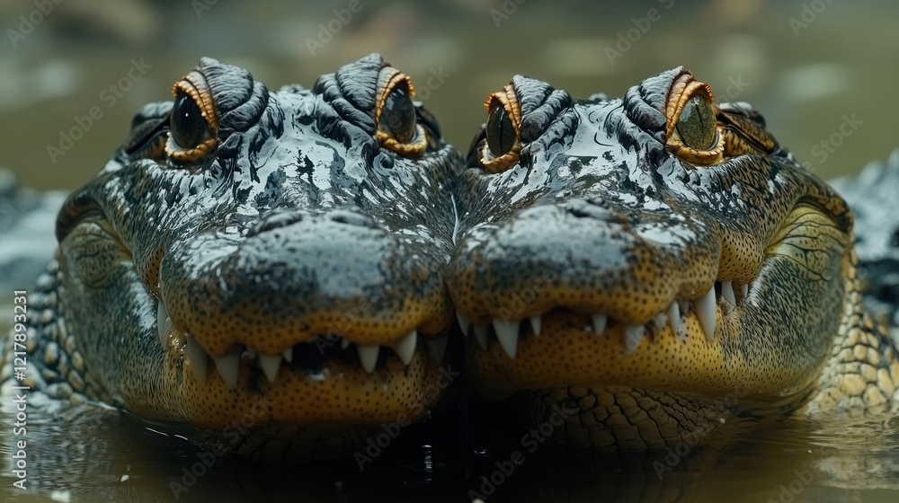 Fototapeta premium Two alligators resting in the water, heads close, with visible teeth and eyes staring at the viewer