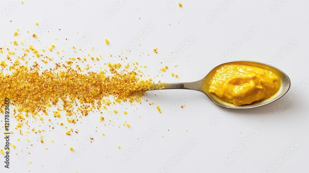 Spoon filled with yellow mustard, with a zigzag pattern of mustard beside it, on a white background. Spoon filled with yellow mustard, with a zigzag pattern of mustard beside it, on a white background.