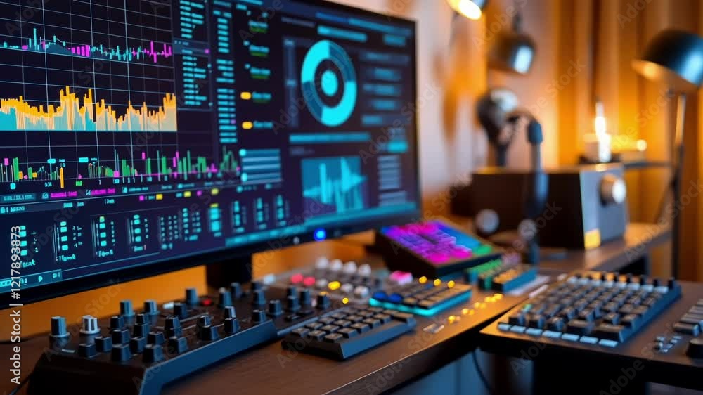 Colorful graphs and statistics displayed on a computer monitor highlight data analysis and financial market tracking, with a blurred control panel suggesting a professional setting Colorful graphs and statistics displayed on a computer monitor highlight data analysis and financial market tracking, with a blurred control panel suggesting a professional setting