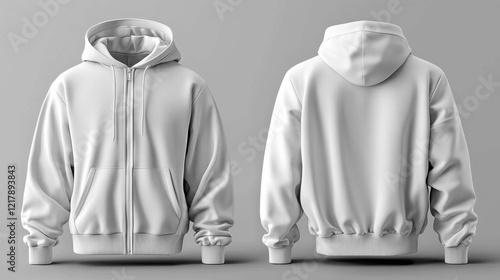 A front and back view of a plain white hoodie mockup on a neutral background. Perfect for branding and design showcasing. Ideal for apparel marketing. photo