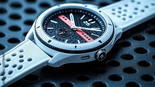 A close-up of a stylish sport watch with a black and white design. The watch features a perforated strap for ventilation and a sleek, modern look. photo