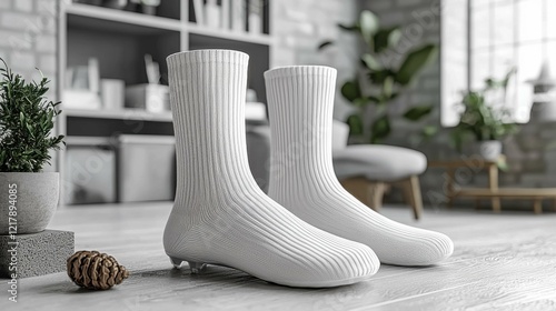 A pair of white ribbed socks placed stylishly on a wooden floor in a contemporary indoor setting, highlighting modern design aesthetics.