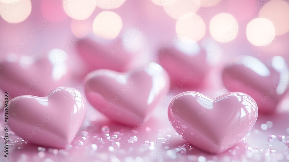 Romantic Valentines Day concept featuring pastel pink hearts soft bokeh lighting and a glossy finish