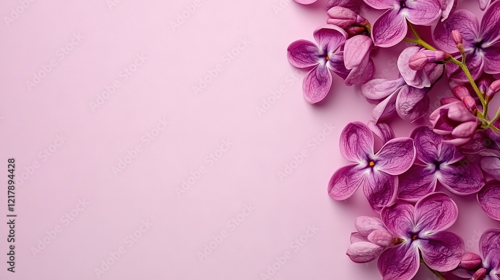 Fototapeta premium Close-up of purple flowers on pink background, text/image insertion space