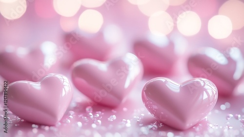 Romantic Valentines Day concept featuring pastel pink hearts soft bokeh lighting and a glossy finish