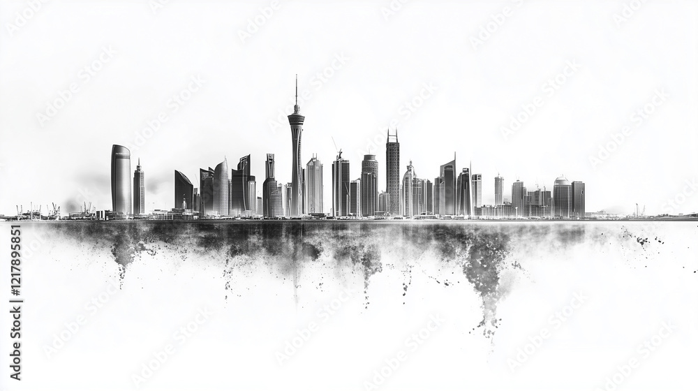Obraz premium An abstract painting dubai. Drawing, pencil, white, sheet shadow, city, buildings, river. Buildings in shadow the river in city. A city with buildings and a river in the shadow lifestyle of a pencil.